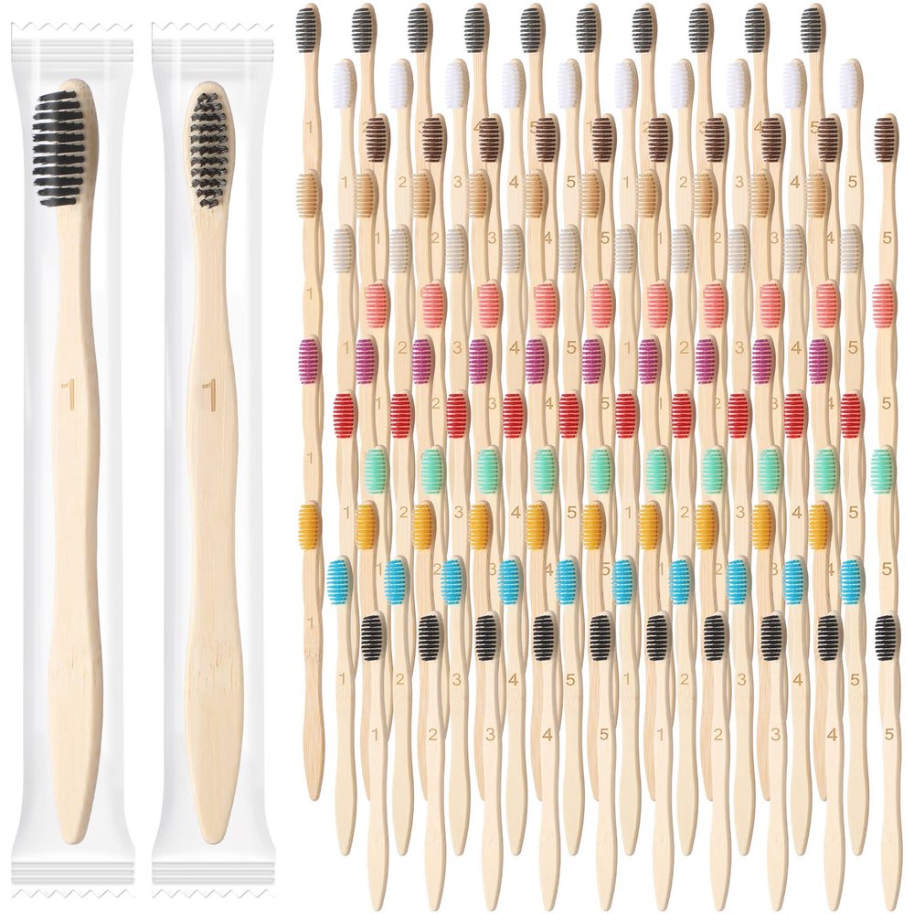 Sieral 120 Pcs Bamboo Toothbrushes Bulk Soft Bristle Individually Wrapped Travel Toothbrush Natural Wooden Tooth Brush for Homeless Kid Adult Home Travel Use, 7.5 Inch, 12 Colors (Number)