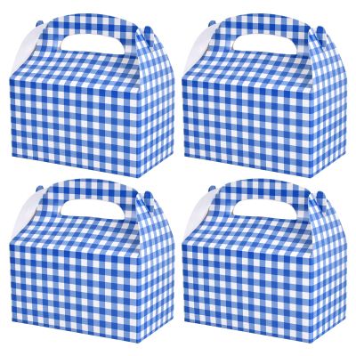 Blue and White Gingham Treat Boxes - 24 Piece Candy Gable Boxes with Handles for Birthday Party, Family Dinner, Picnic, Barbecue, Father's Day Party