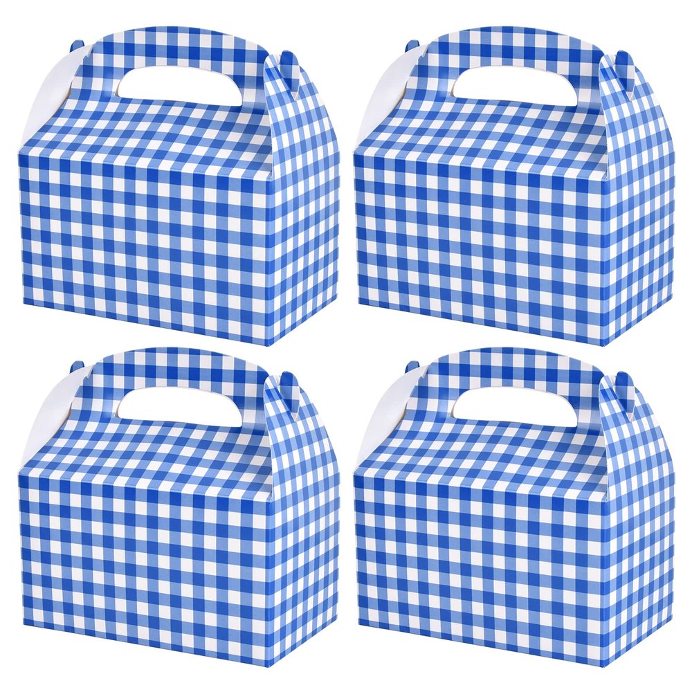 Blue and White Gingham Treat Boxes - 24 Piece Candy Gable Boxes with Handles for Birthday Party, Family Dinner, Picnic, Barbecue, Father's Day Party