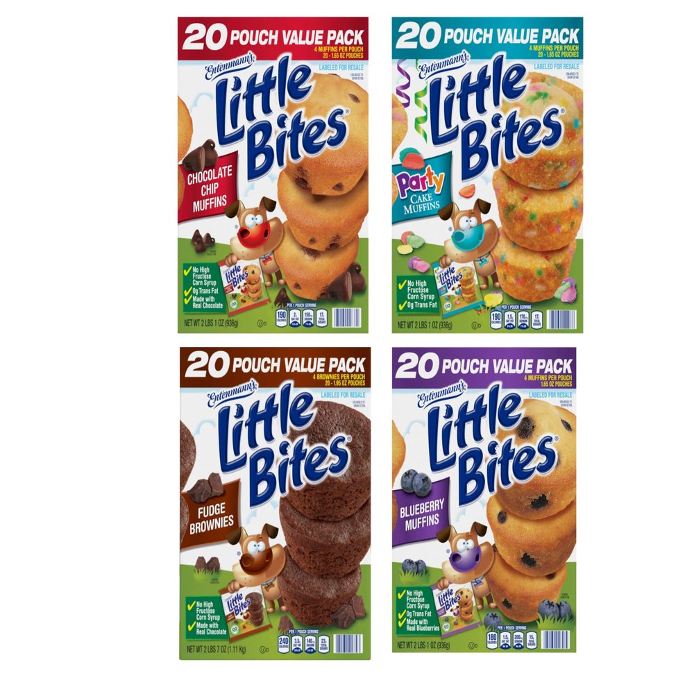(4 pack) Little Bites Assorted Muffins, 80 individual packs, (20 ct each), Mini Muffins, 138 lbs Case  (20) Chocolate Chip, (20) Fudge, (20) Blueberry, (20) Party Cake