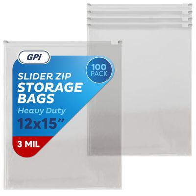 100 Count - Slider Zip 2 Gallon Jumbo Food Storage Bags, 12" x 15" 3 Mil Heavy Duty, Extra Large, Strong & Durable For Freezer Storage. GPI