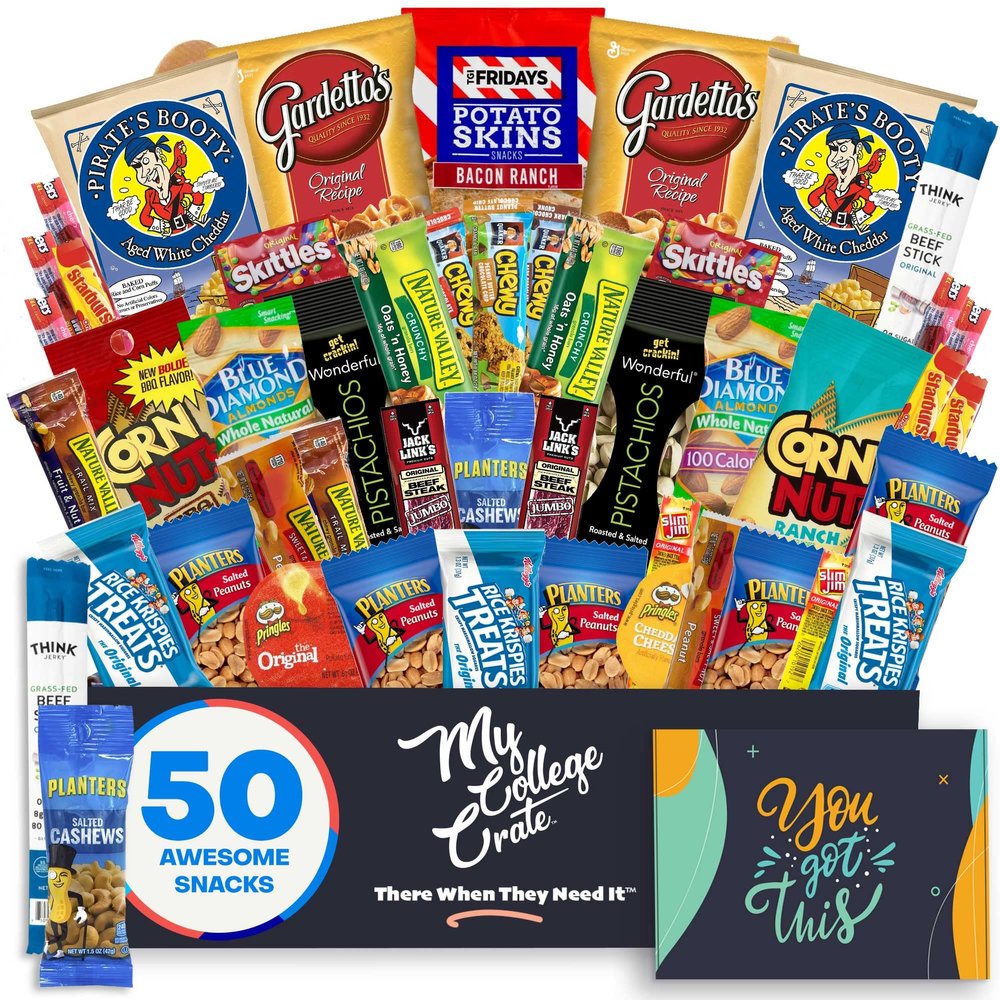 Student Encouragement - Men's Hearty Snack Box (50 Piece Variety Gift Basket Care Package) Jerky, Nuts, Chips, Pretzels & More - My College Crate