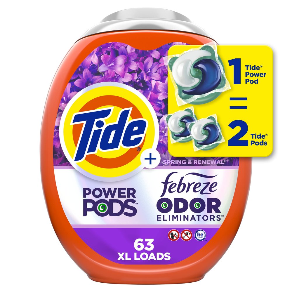 Tide Power Pods with Febreze Laundry Detergent Pacs, 63 Count, Spring & Renewal Scent, All-Day Freshness