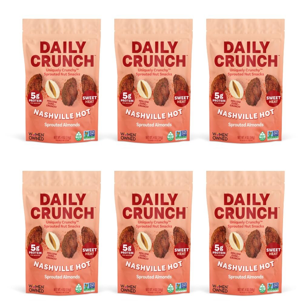 Daily Crunch Sprouted Almonds and Dehydrated nuts for a Unique Crunch, Keto Friendly, Non-GMO Zero Seed Oils, Gluten Free, 4oz (6 Pack, Nashville Hot)