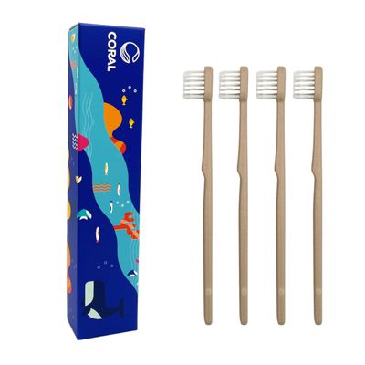 BLUEOWLSHIELD Coral Bamboo Toothbrushes - Soft - 100% Plant-Based Bamboo-Fiber Composite, Durable & Splinter Free, Fine BPA Free Bristles, 4 Individually Packaged Brushes - Adult, Teen, Children