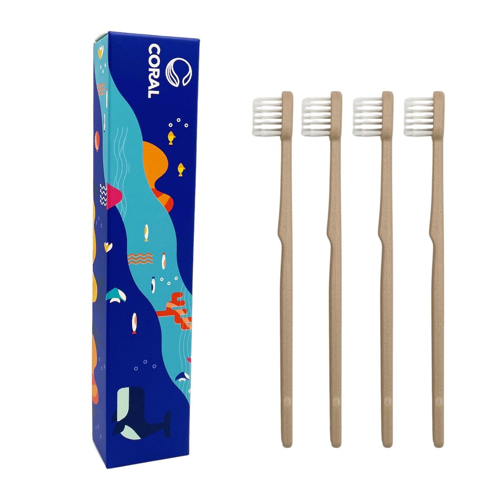 BLUEOWLSHIELD Coral Bamboo Toothbrushes - Soft - 100% Plant-Based Bamboo-Fiber Composite, Durable & Splinter Free, Fine BPA Free Bristles, 4 Individually Packaged Brushes - Adult, Teen, Children