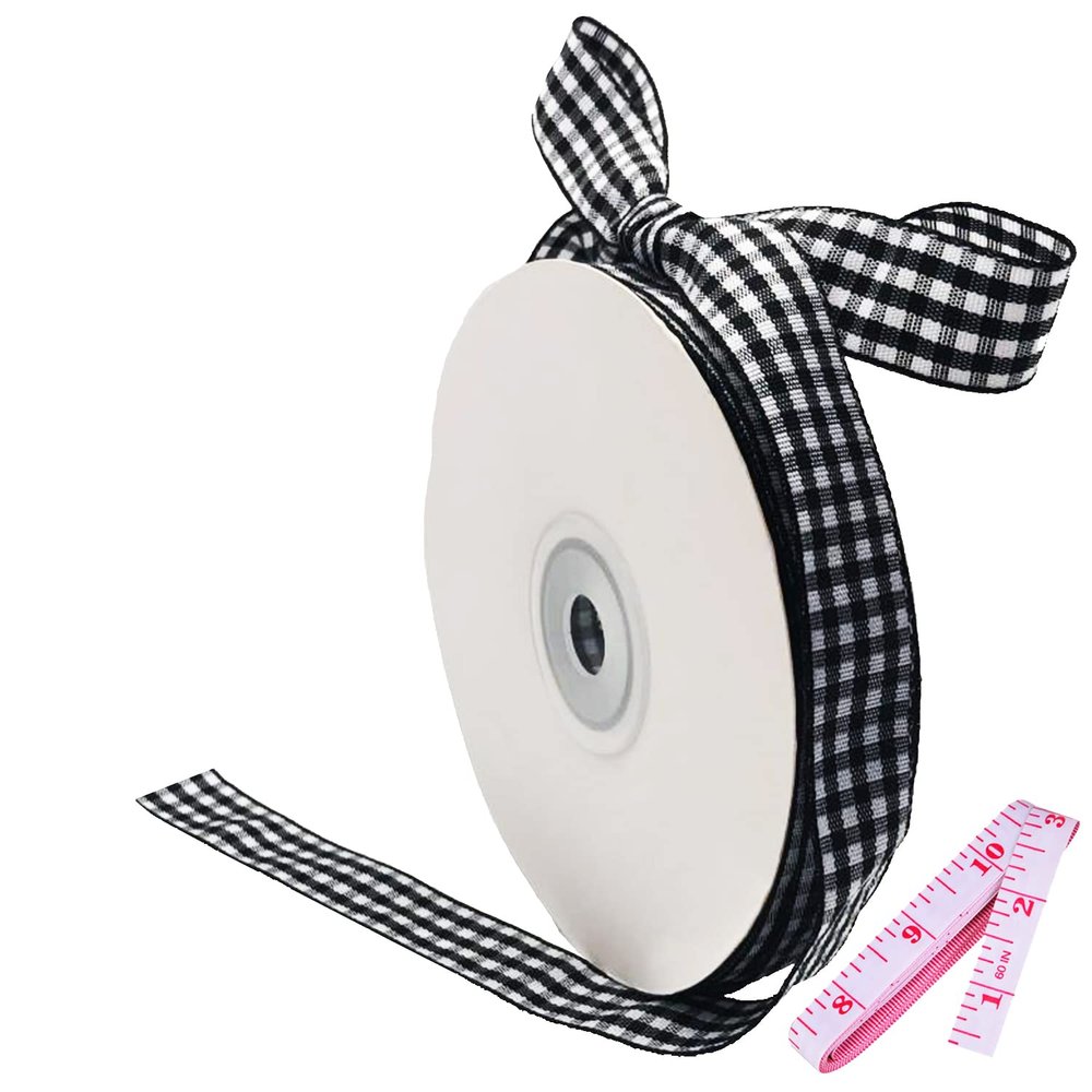 Buffalo Black Gingham 5/8" Picnic Ribbon - 25Yd Roll, Woven Edge Polyester Ribbon for Crafts, Hair Accessories & Gift Wrapping