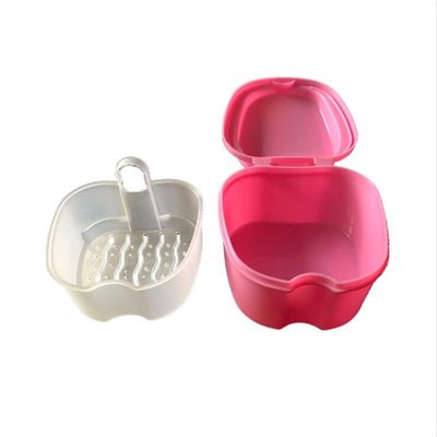 ShanLily Denture Box Denture Case Denture Cup With Strainer Denture Bath Box False Teeth Storage Box Pink Apple Shape