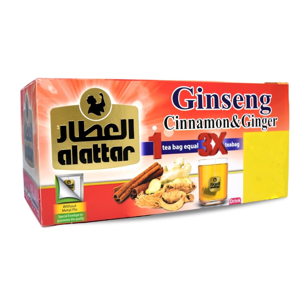 AlAttar Natural Drink Ginseng Cinnamon & Ginger Herbal Tea Bags Herb Herbs Non Gmo No Additives No Artificial Coloring Kosher Halal (20 Bag)