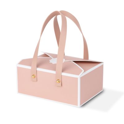 Hammont Cookie Boxes for Gift Giving - 4 Pack of Bakery Boxes, Easy to Assemble Decorative Cardboard Luxury Box with Faux Leather Handle Jewelry, Chocolate and Candy 5x7x3 Inches (Pink) (HM1781)