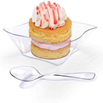 100 5 oz Wavy Mini Dessert Cups With Spoons Mini Dessert Plates Plastic Dessert Bowls Ice cream Bowls Trifle Bowl, Clear Bowls Disposable Plastic Dessert Shot Glasses Appetizer Bowls, Condiment Bowls