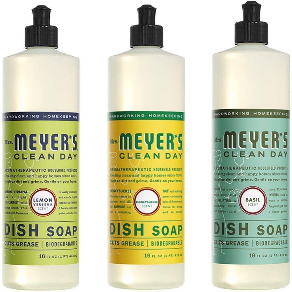 Mrs. MEYER'S CLEAN DAY Dish Soap Variety Pack Includes 1 Lemon Verbena, 1 Basil 1 Honeysuckle Dish Soap 16 fl oz. Each
