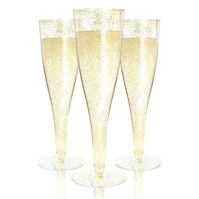 Prestee 200 Disposable Champagne Flutes Gold Glitter Glasses - 4.5 Oz Plastic Champagne Cups for Parties, Wedding Toasts, Mimosa Bar, and New Years Eve - Elegant Bulk Gold Plastic Wine Flutes