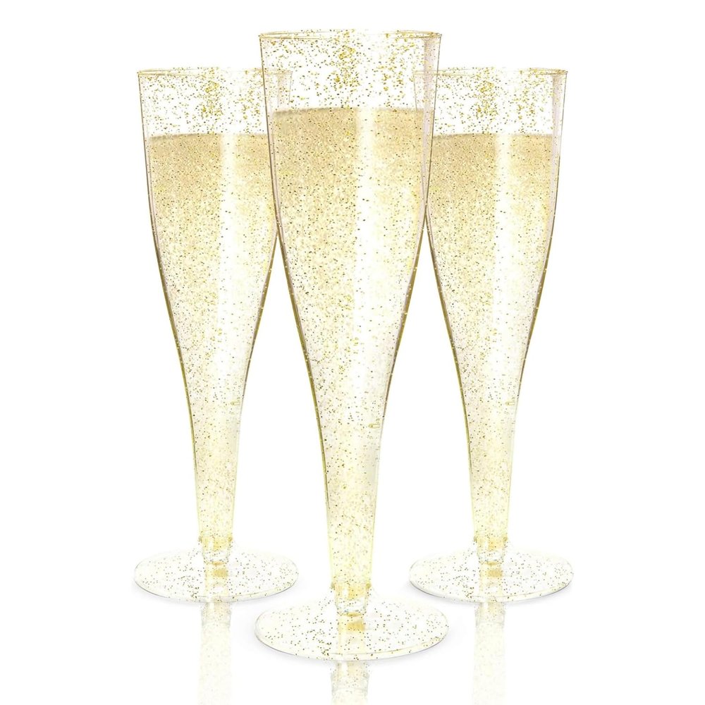 Prestee 200 Disposable Champagne Flutes Gold Glitter Glasses - 4.5 Oz Plastic Champagne Cups for Parties, Wedding Toasts, Mimosa Bar, and New Years Eve - Elegant Bulk Gold Plastic Wine Flutes