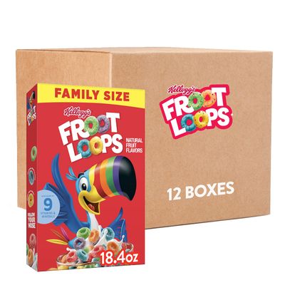 Kelloggs Froot Loops Breakfast Cereal, Fruit Flavored, Snacks with Vitamin C, Family Size, Original, 18.4oz Box (12 Boxes)