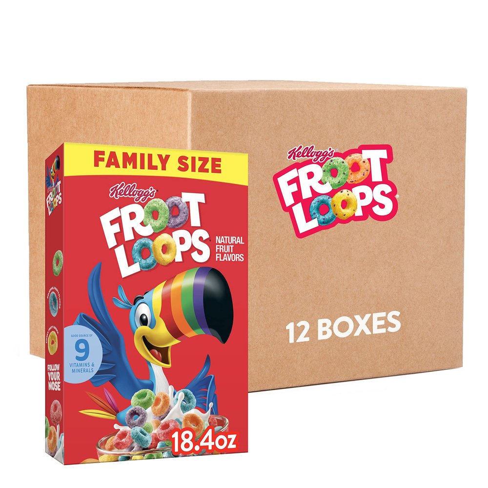 Kelloggs Froot Loops Breakfast Cereal, Fruit Flavored, Snacks with Vitamin C, Family Size, Original, 18.4oz Box (12 Boxes)