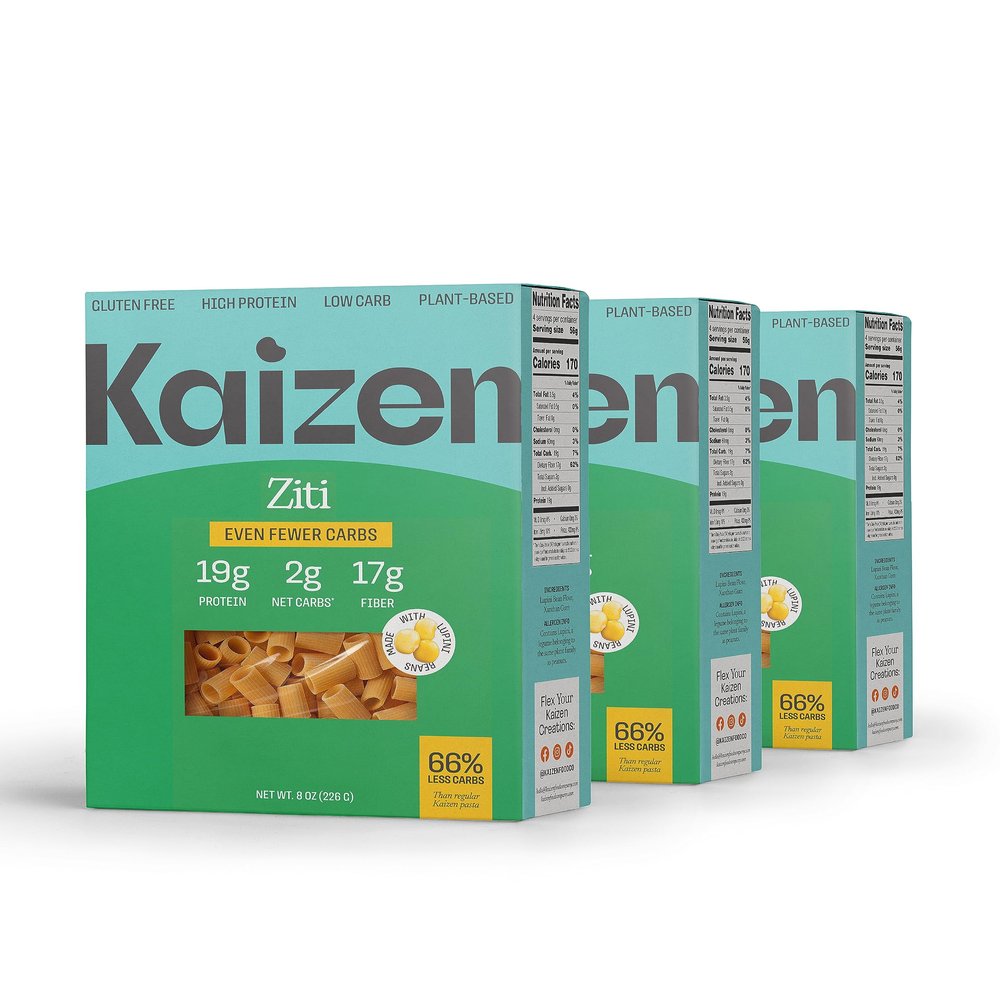 KAIZEN KETO Pasta Ziti - 2 Net Carbs, 19g protein - Gluten-Free, Keto Pasta Made w/High Fiber Lupini Flour - 8 ounces (Pack of 3)