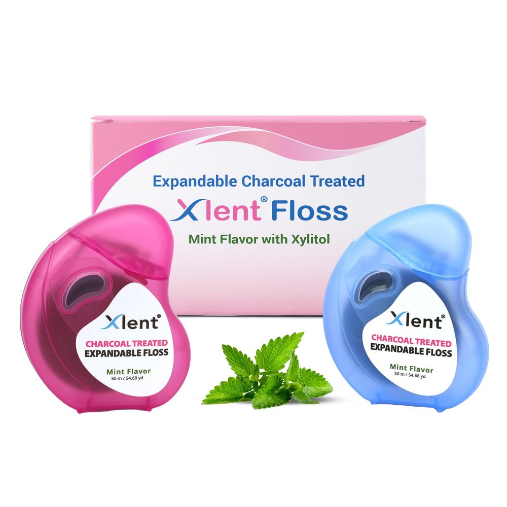 XLENT Floss Expandable Dental Floss  Activated Charcoal with Xylitol & Plant-Based Wax | Fresh Mint Flavor | PFAS & PTFE Free | 50 m x 2