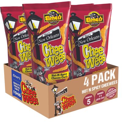 Elmer's New Orleans Chee-wee's, Authentic NOLA Hot-N-Spicy Flavor, Irresistible Crunchy Snack Delight 5 oz Bags, Pack of 4