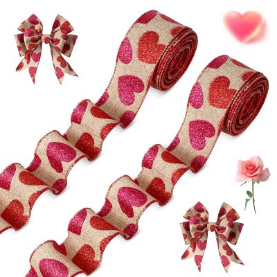 2 Roll 20 Yards Glitter Hearts Wired Edge Burlap Valentine Ribbon Valentine's Day Wired Ribbon for DIY Gift Wrapping Wreath Crafts Decoration(1.5 in,Natural, Red, Pink)