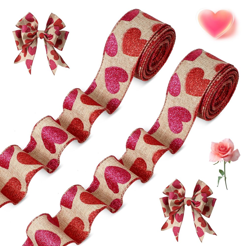 2 Roll 20 Yards Glitter Hearts Wired Edge Burlap Valentine Ribbon Valentine's Day Wired Ribbon for DIY Gift Wrapping Wreath Crafts Decoration(1.5 in,Natural, Red, Pink)