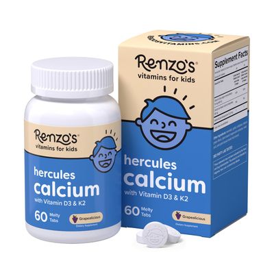 Renzo's Hercules Calcium Supplement with Vitamin D3 & K2 - Vitamins for Kids Height, Ages 2+, Dissolvable, 60 Grape-Flavored Melty Tabs