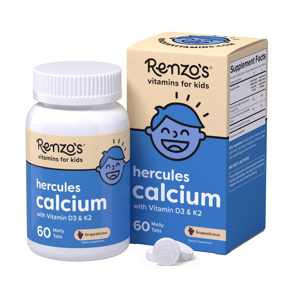 Renzo's Hercules Calcium Supplement with Vitamin D3 & K2 - Vitamins for Kids Height, Ages 2+, Dissolvable, 60 Grape-Flavored Melty Tabs