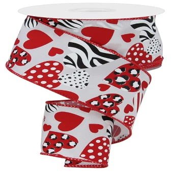Zebra Leopard Print Hearts Red White and Black Wired Ribbon 2.5" X 10Yd