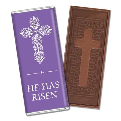 12ct Personalized Easter Candy Party Favors Cross Embossed Chocolate Bars & Wrappers (12 Pack) - No Assembly Required - Purple He Has Risen