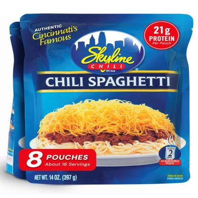 Skyline Chili & Spaghetti - Cincinnati Style - Authentic Recipe in Microwavable Pouches, Ideal for Cheese Coneys & Hot Dogs - Classic Flavor, Easy Meal Prep - 14 oz Each, Pack of 8