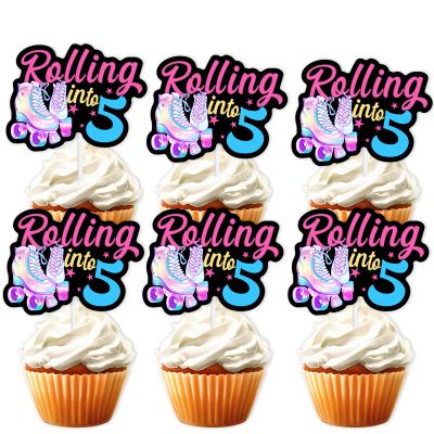 18pcs Black Glitter Pink Roller Skates Dessert Cupcake Topper 80s 90s Retro Hip Hop Roller Skating Rolling into 5 Theme Decor Supplies Boy Girl 5th Happy Birthday Party Decorations