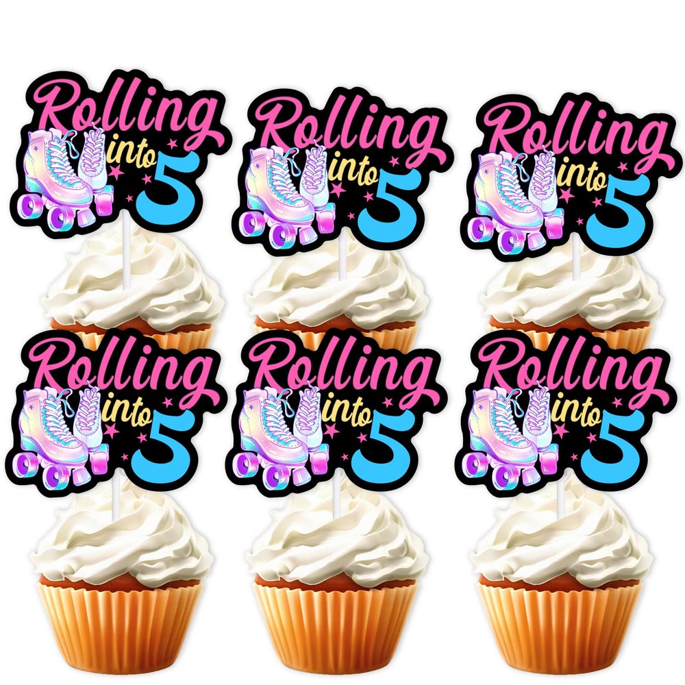 18pcs Black Glitter Pink Roller Skates Dessert Cupcake Topper 80s 90s Retro Hip Hop Roller Skating Rolling into 5 Theme Decor Supplies Boy Girl 5th Happy Birthday Party Decorations
