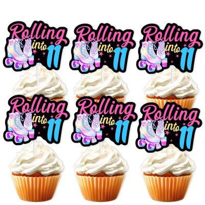 18pcs Black Glitter Pink Roller Skates Dessert Cupcake Topper 80s 90s Retro Hip Hop Roller Skating Rolling into 11 Theme Decor Supplies Boy Girl 11th Happy Birthday Party Decorations