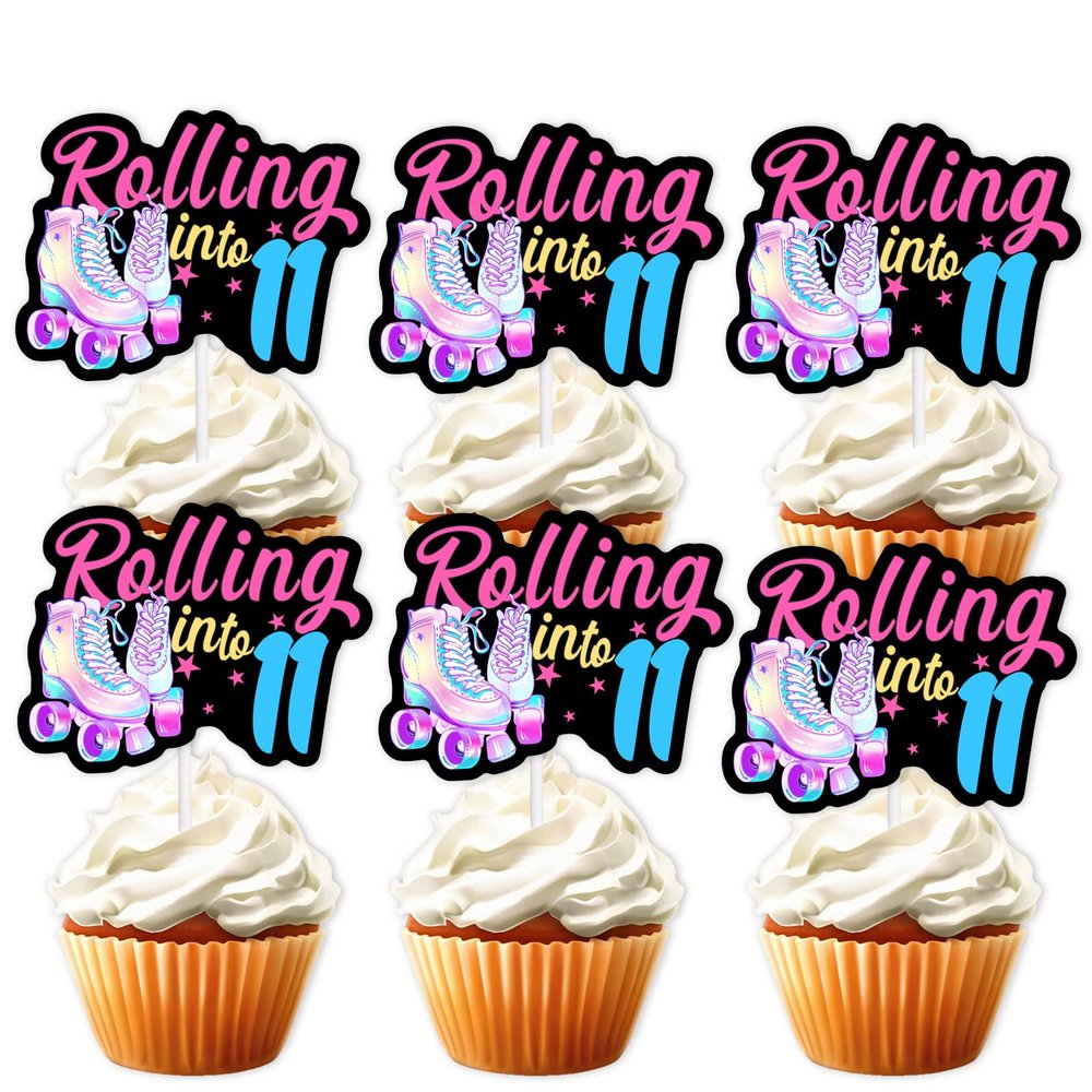 18pcs Black Glitter Pink Roller Skates Dessert Cupcake Topper 80s 90s Retro Hip Hop Roller Skating Rolling into 11 Theme Decor Supplies Boy Girl 11th Happy Birthday Party Decorations