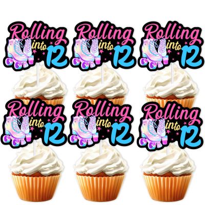18pcs Black Glitter Pink Roller Skates Dessert Cupcake Topper 80s 90s Retro Hip Hop Roller Skating Rolling into 12 Theme Decor Supplies Boy Girl 12th Happy Birthday Party Decorations