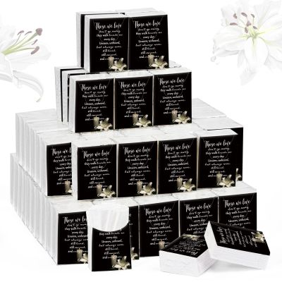 100 Packs Memorial Facial Tissues Those We Love Don't Go Away Inspirational Poem Pocket Tissues 3 Ply Napkins Packs Funerals Wedding Supplies for Family Relatives Guests, 700 Sheets(Black)