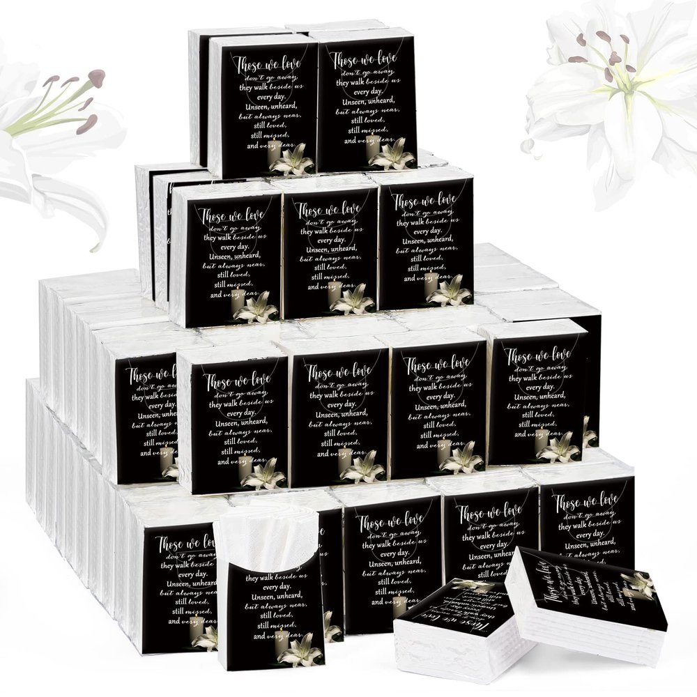 100 Packs Memorial Facial Tissues Those We Love Don't Go Away Inspirational Poem Pocket Tissues 3 Ply Napkins Packs Funerals Wedding Supplies for Family Relatives Guests, 700 Sheets(Black)