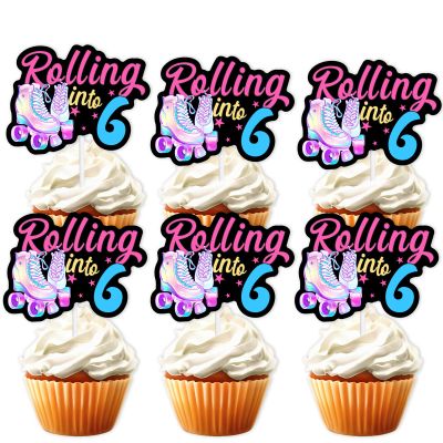18pcs Black Glitter Pink Roller Skates Dessert Cupcake Topper 80s 90s Retro Hip Hop Roller Skating Rolling into 6 Theme Decor Supplies Boy Girl 6th Happy Birthday Party Decorations
