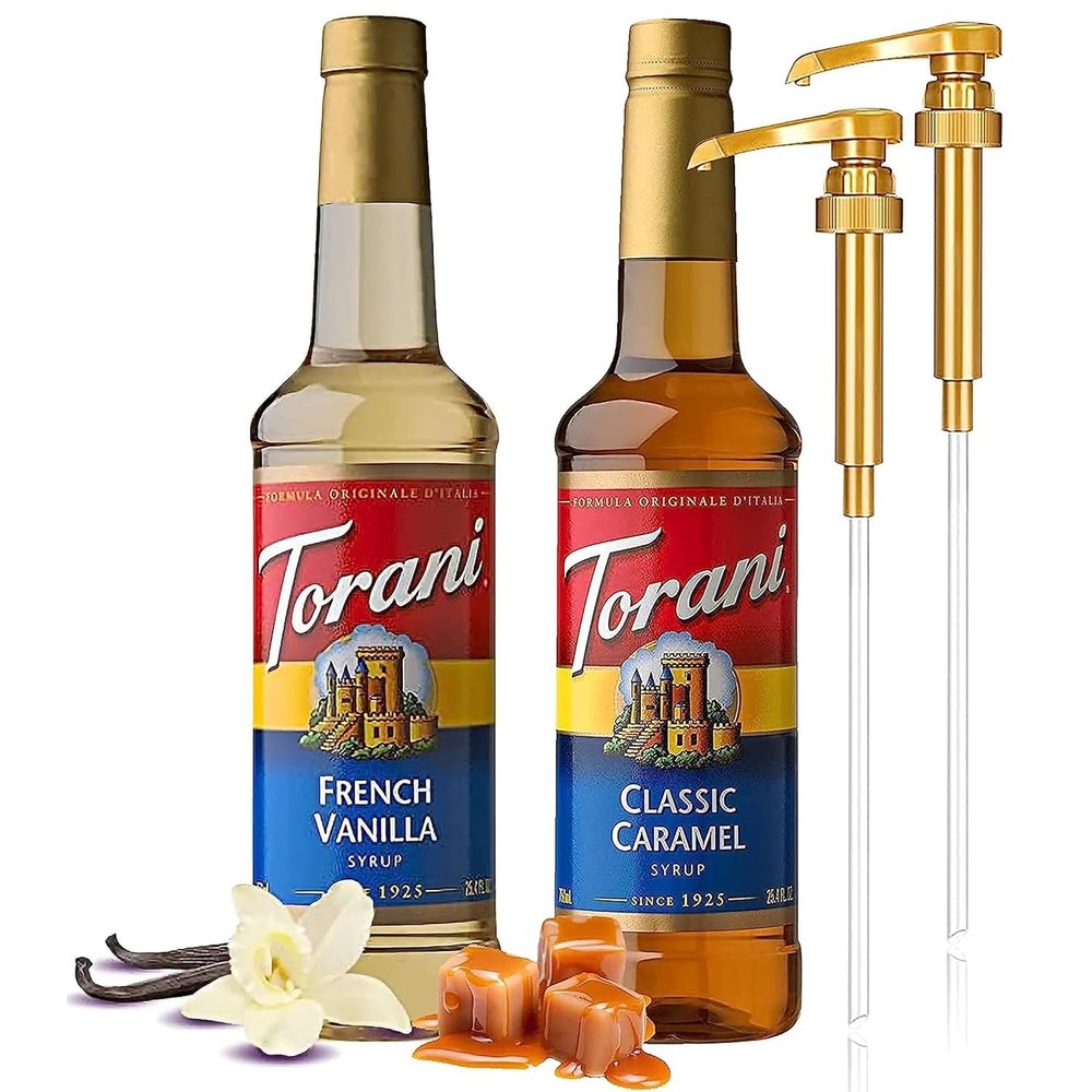 Premium French Vanilla Syrup and Classic Caramel 750 ml Coffee Syrup Flavoring With Alpha Pantry Gold Pump Coffee Syrup Dispenser