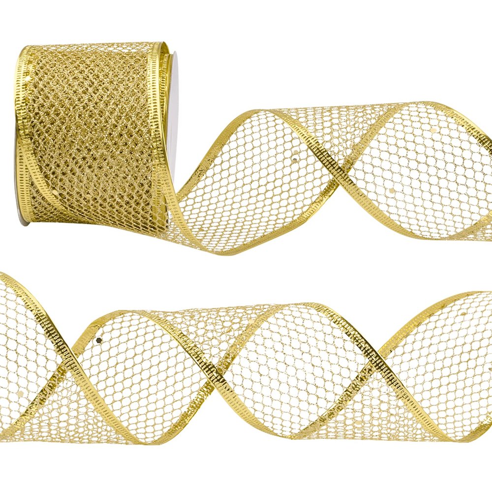 URROMA Gold Glitter Wired Ribbon, 9.82 Yards Web Mesh Ribbon Wired Metallic Sparkling Edge Ribbon for Gift Wrapping DIY Crafts for Home Decor
