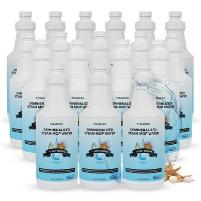 Steam & Go Demineralized Water - Multisurface Cleaner, PVC-Free Ready-to-Use for Mops & Floor Steamers - Ideal for Kitchen, Bathroom, & Home Surfaces - Clean Ocean Scent - 32oz (Pack of 18)