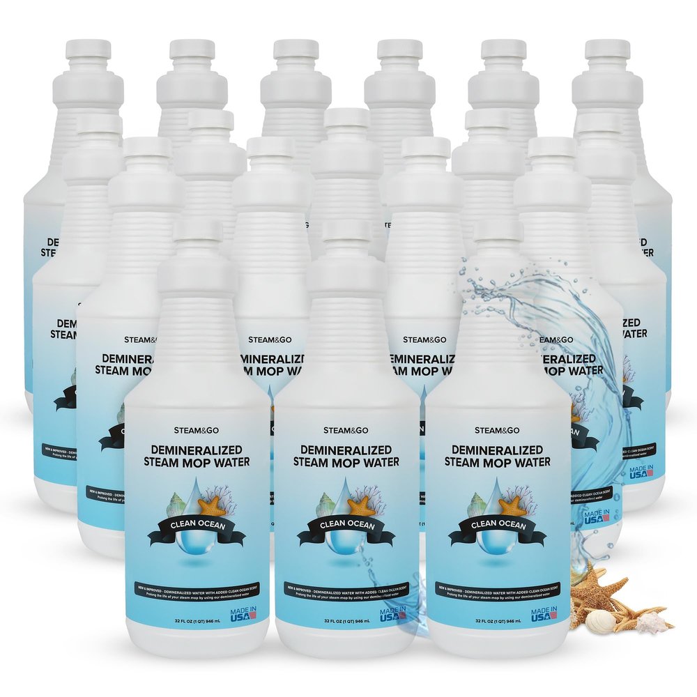 Steam & Go Demineralized Water - Multisurface Cleaner, PVC-Free Ready-to-Use for Mops & Floor Steamers - Ideal for Kitchen, Bathroom, & Home Surfaces - Clean Ocean Scent - 32oz (Pack of 18)
