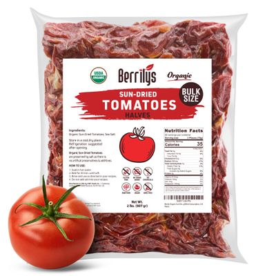Sun-Dried Tomatoes, 2 LBS, USDA Organic, Berrilys, No Sulfur, No Preservatives, Seasalt is used as natural preservative, Raw, Non-GMO, Great Ingredient for Baking and Cooking