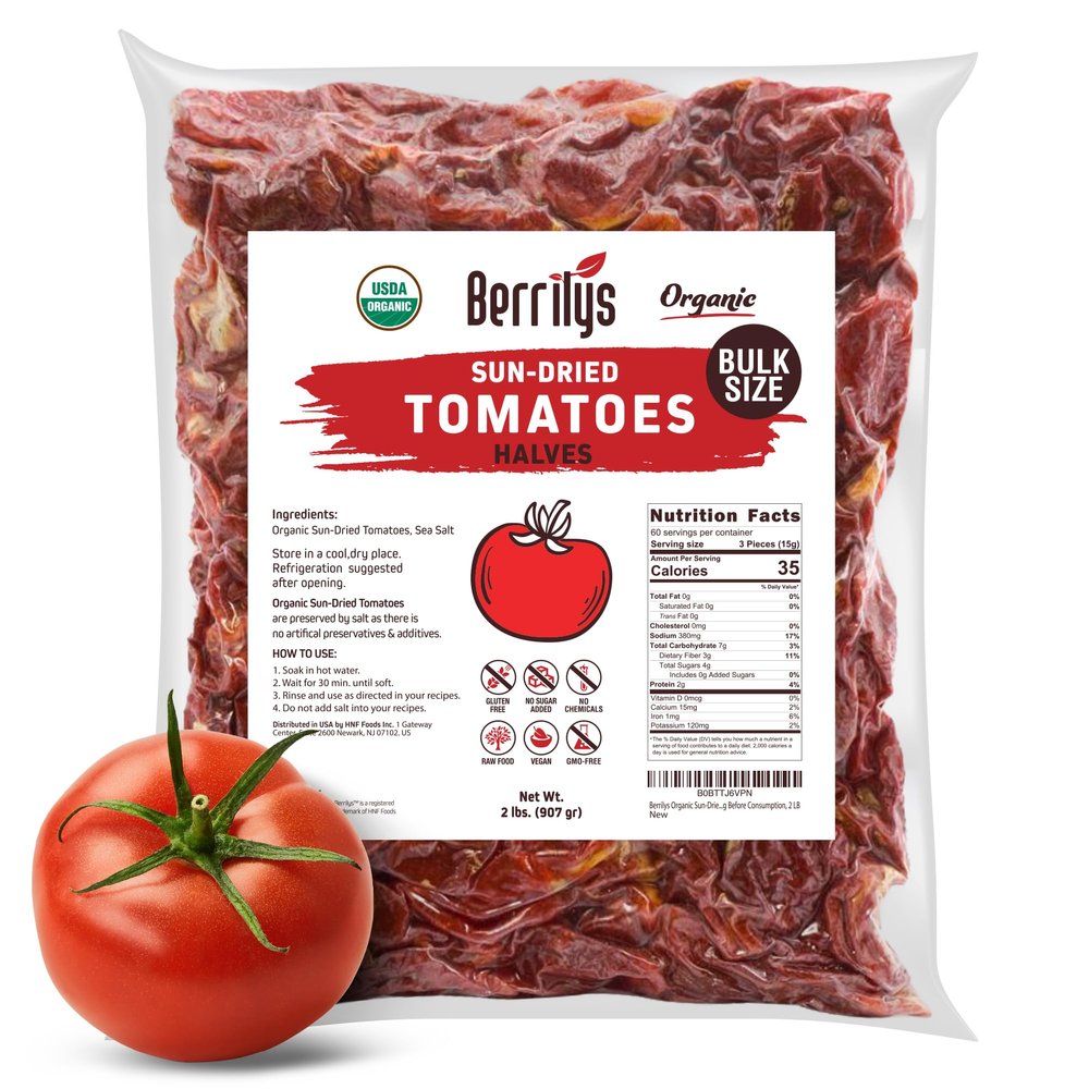 Sun-Dried Tomatoes, 2 LBS, USDA Organic, Berrilys, No Sulfur, No Preservatives, Seasalt is used as natural preservative, Raw, Non-GMO, Great Ingredient for Baking and Cooking