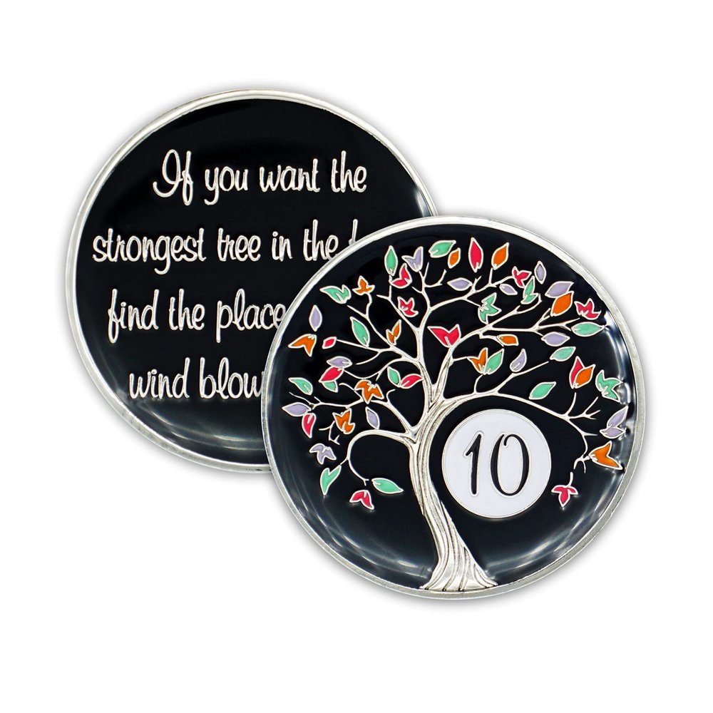 10 Year Sobriety Chip | Tree of Life AA Coin Token Medallion with Glow in The Dark Recovery Anniversary