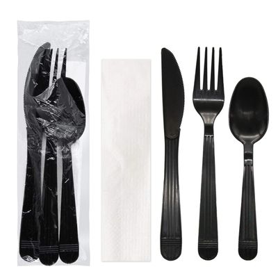 Party Essentials Individually Wrapped Black Plastic Cutlery Packets/Heavy Duty Silverware Kits, Fork/Spoon/Knife/Napkin, 100 Sets