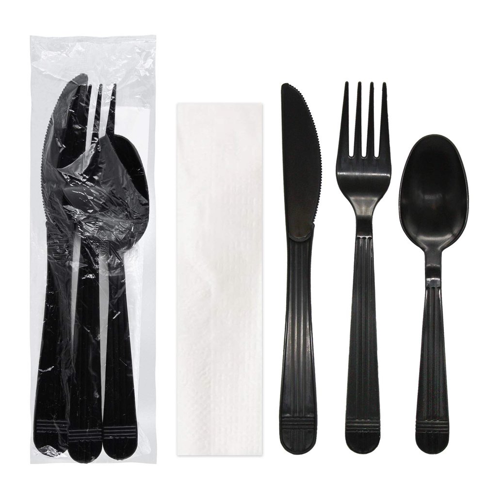Party Essentials Individually Wrapped Black Plastic Cutlery Packets/Heavy Duty Silverware Kits, Fork/Spoon/Knife/Napkin, 100 Sets