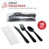 Party Essentials Individually Wrapped Black Plastic Cutlery Packets/Heavy Duty Silverware Kits, Fork/Spoon/Knife/Napkin, 100 Sets view 2