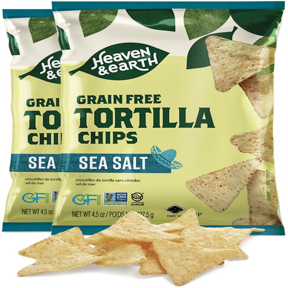 Heaven & Earth Sea Salt Tortilla Chips, Grain Free Tortilla Chips, 4.5oz (2 Pack) | Corn Free | Gluten Free | Kosher for Passover | Made with Cassava