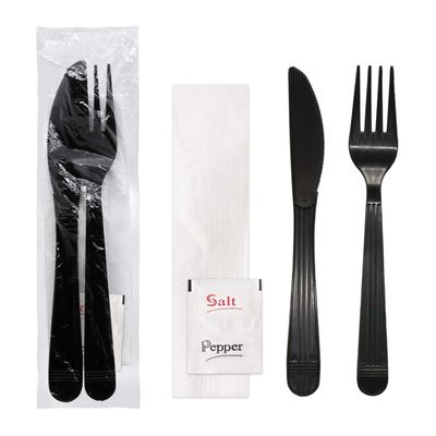 Party Essentials Individually Wrapped Black Plastic Utensil Sets/Heavy Duty Flatware Packs, Fork/Knife/Napkin/Salt/Pepper, 100 Sets